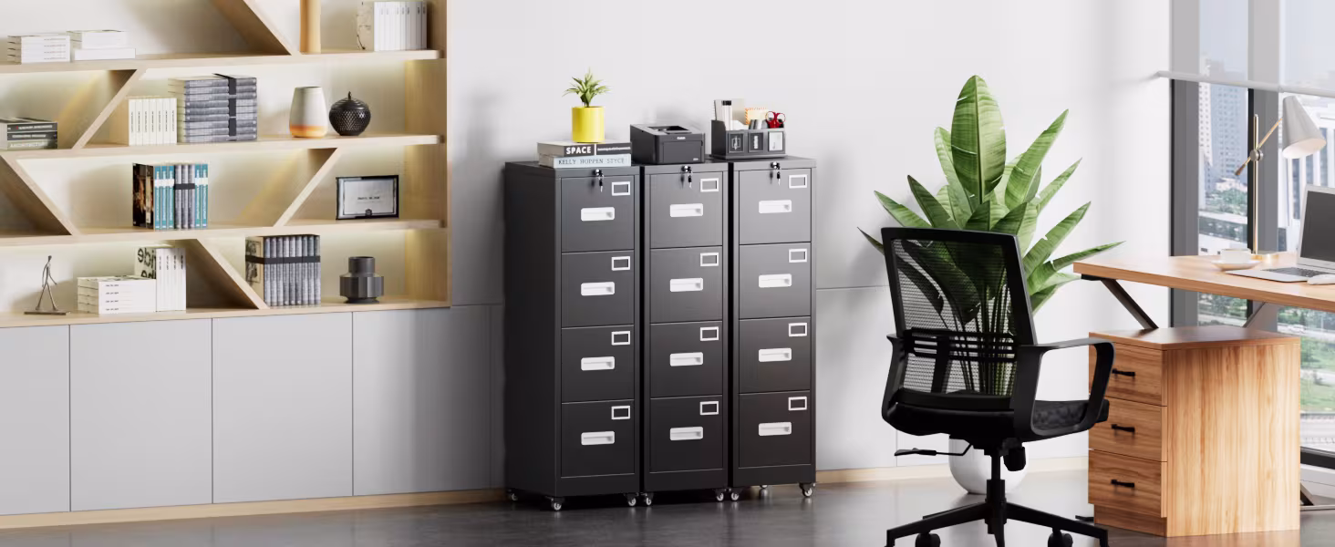 4 Drawer Vertical File Cabinet On Wheels, Lockable Office Files Storage Cabinet With Handle And Name Card,Mobile Storage Cabinet For Office And Home,Assembly Required,Black