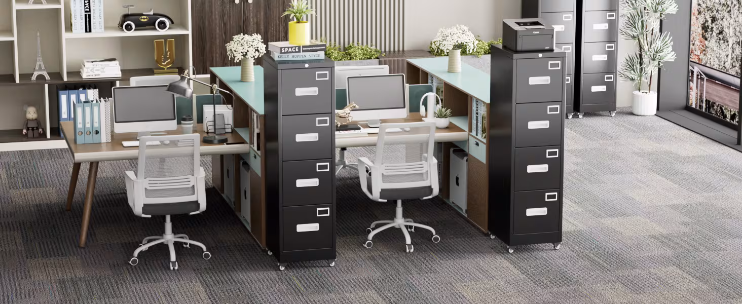 4 Drawer Vertical File Cabinet On Wheels, Lockable Office Files Storage Cabinet With Handle And Name Card,Mobile Storage Cabinet For Office And Home,Assembly Required,Black