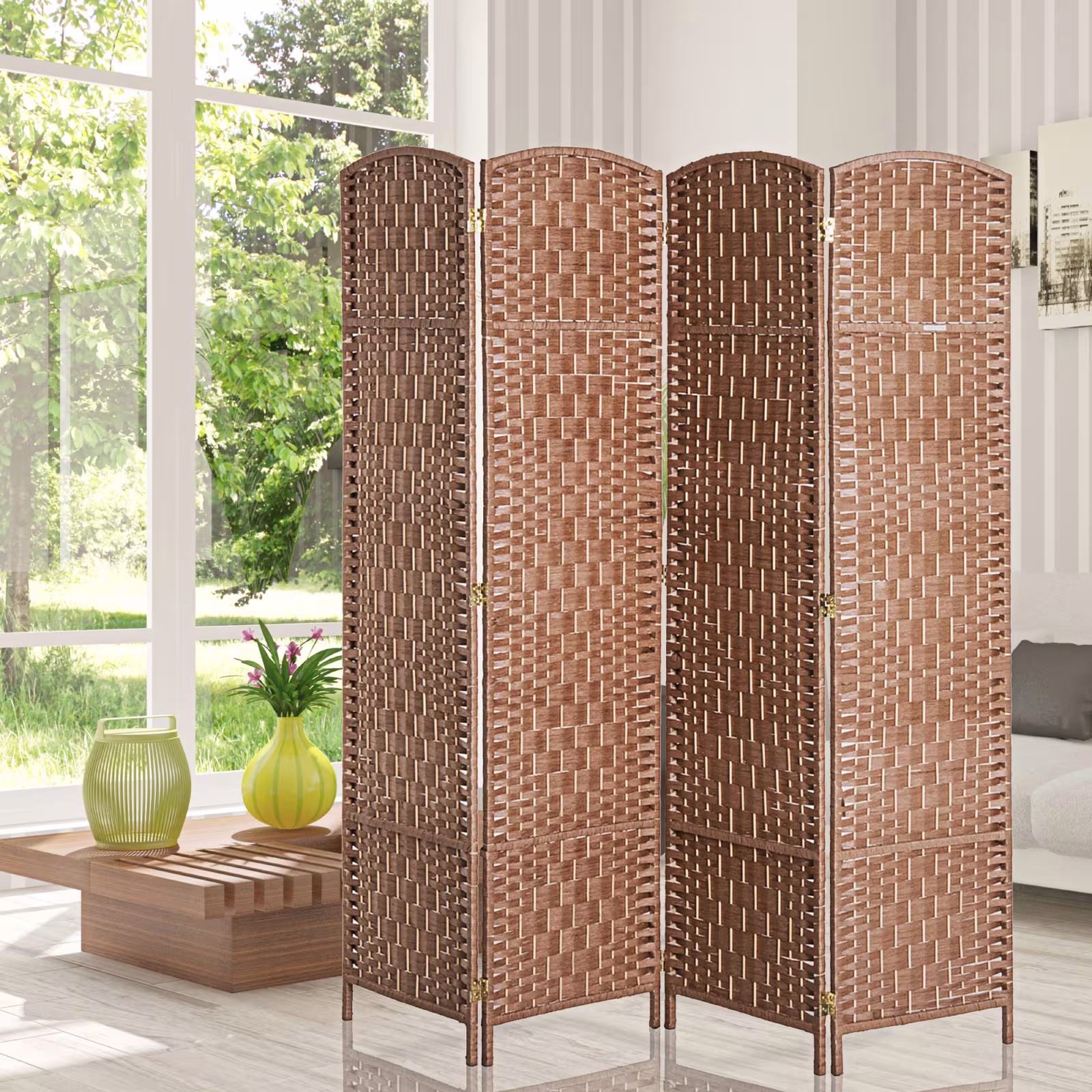 6FT Tall 4-Panel Wicker Weave Room Divider, Folding Privacy Screen, Portable Partition For Bedroom & Home Office, Natural