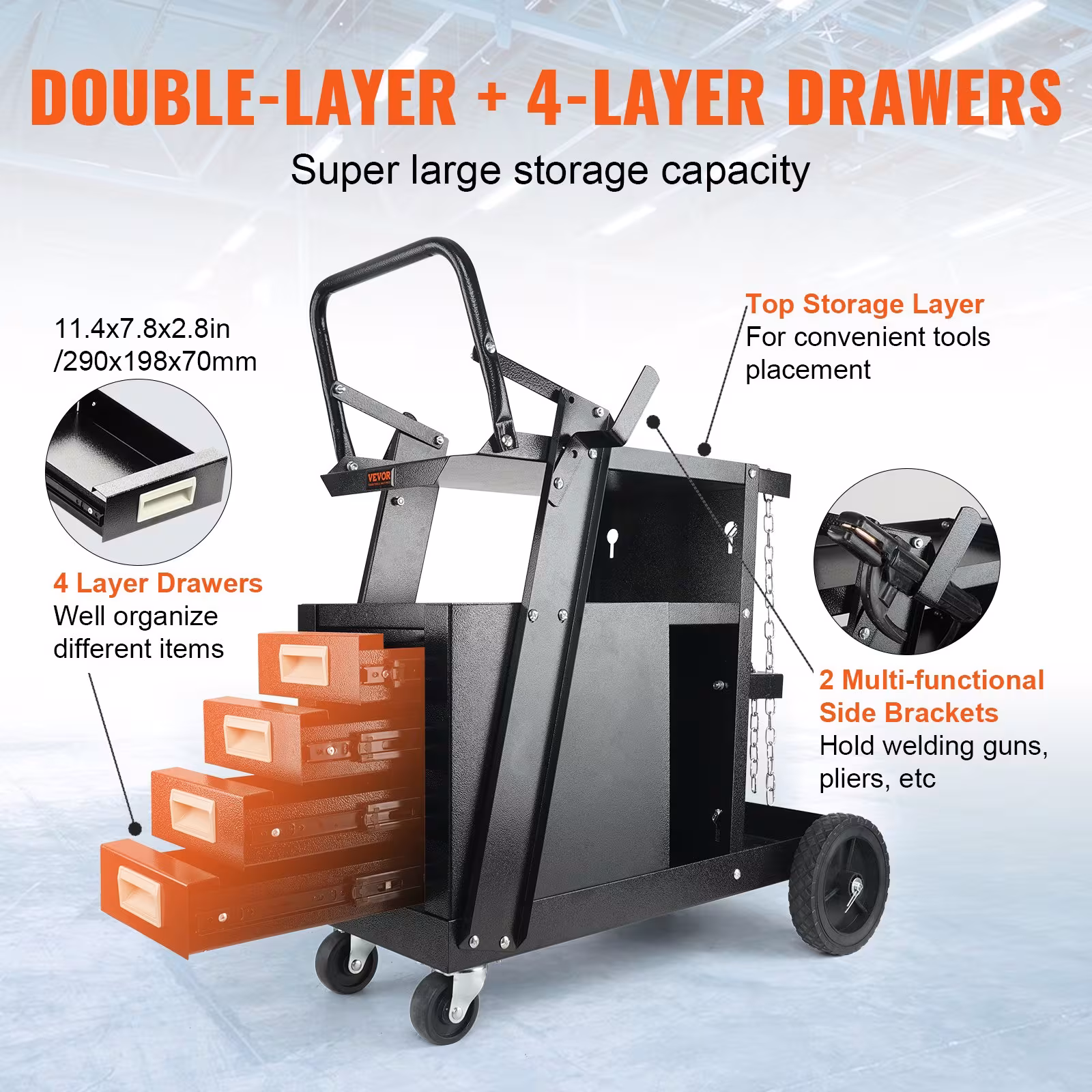Welding Cart, 2Tier 4 Drawers Welder Cart With 265 LBS Weight Capacity, Swivel Wheels, Tank Storage Safety Chains, Heavy Duty Rolling MIG Welder Cart For Mig Welder And Plasma Cutter