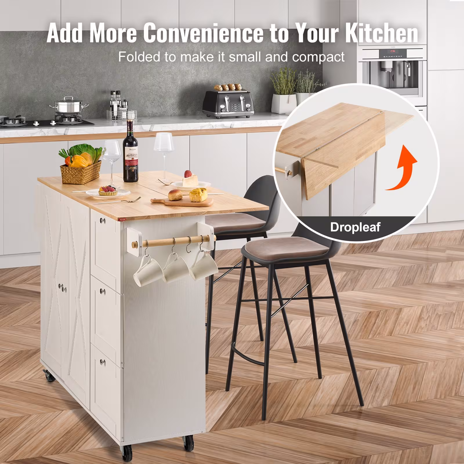 Kitchen Island Cart With Solid Wood Top,Mobile Carts With Storage Cabinet, Rolling Kitchen Table With Spice Rack, Towel Rack, Drop Leaf And Drawer, Portable Islands On Wheels, White