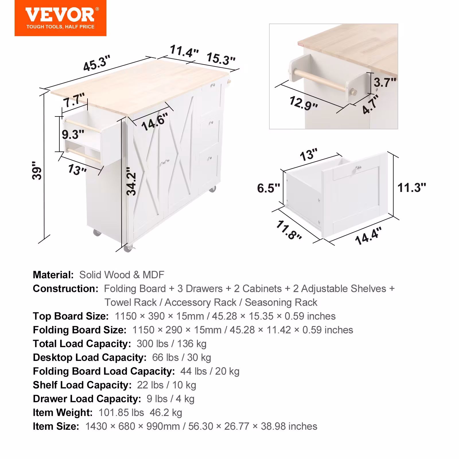 Kitchen Island Cart With Solid Wood Top,Mobile Carts With Storage Cabinet, Rolling Kitchen Table With Spice Rack, Towel Rack, Drop Leaf And Drawer, Portable Islands On Wheels, White