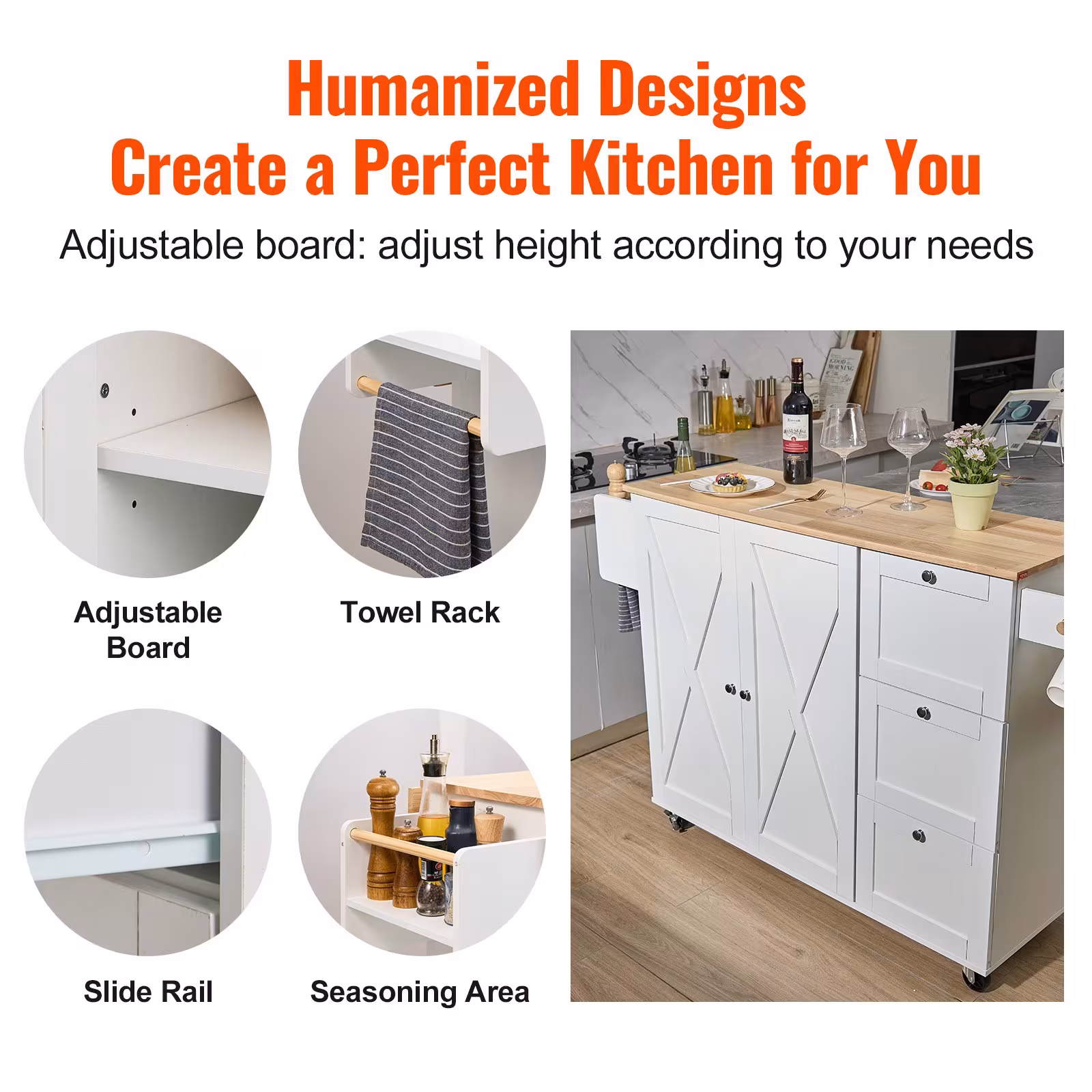 Kitchen Island Cart With Solid Wood Top,Mobile Carts With Storage Cabinet, Rolling Kitchen Table With Spice Rack, Towel Rack, Drop Leaf And Drawer, Portable Islands On Wheels, White