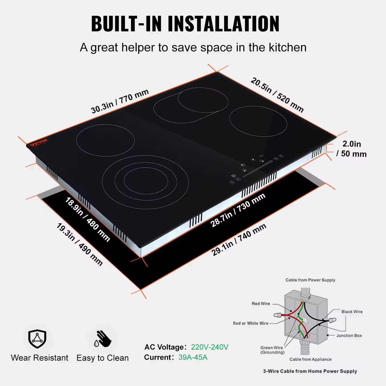 Built In Electric Stove Top, 30.3 X 20.5 Inch 4 Burners, 240V Glass Radiant Cooktop With Sensor Touch Control, Timer & Child Lock Included, 9 Power Levels For Simmer Steam Slow Cook Fry