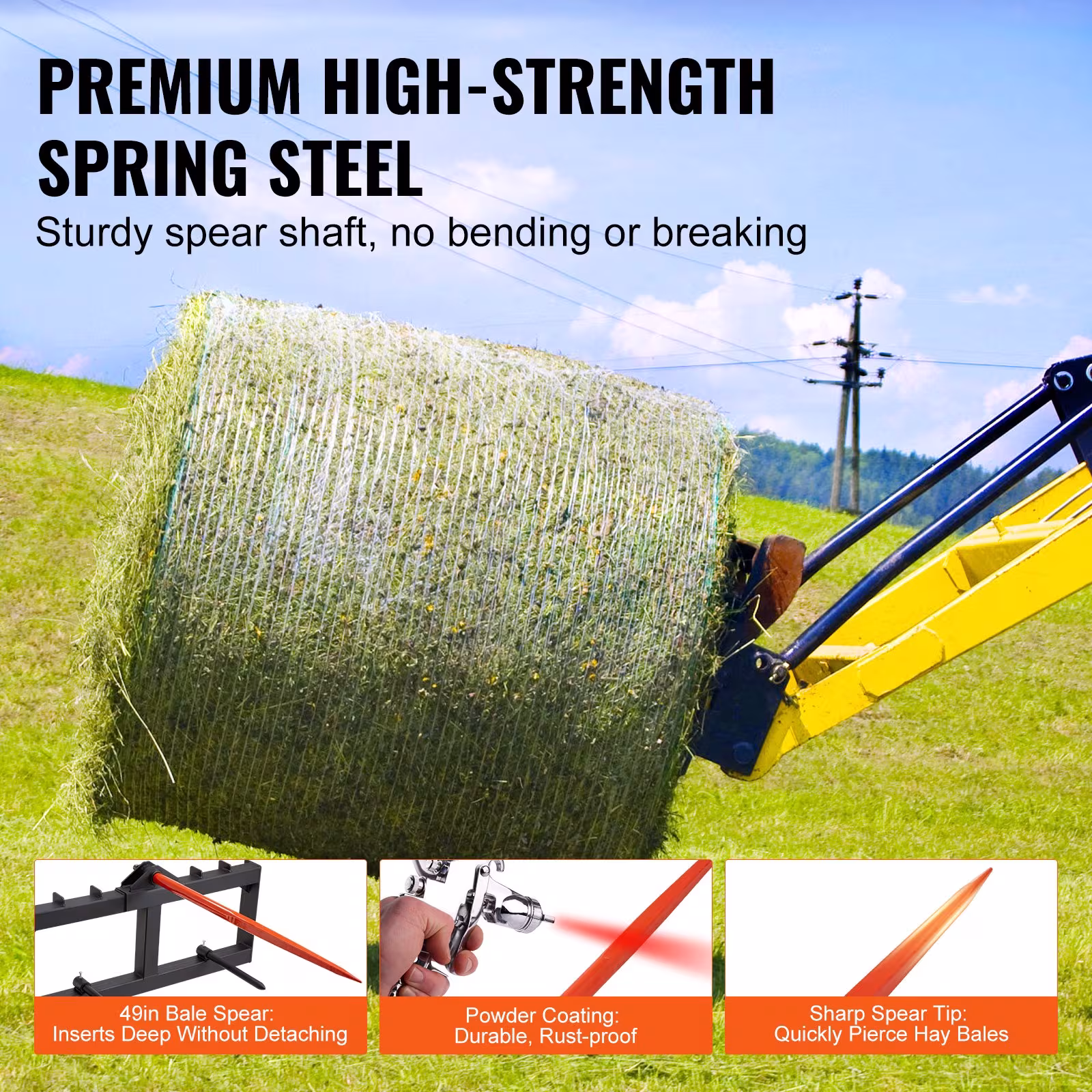 Hay Spear, Bale Spears 1600lbs Loading Capacity, Skid Steer Loader Tractor Attachment With 2pcs Stabilizer Spears, Quick Attach Spike Forks
