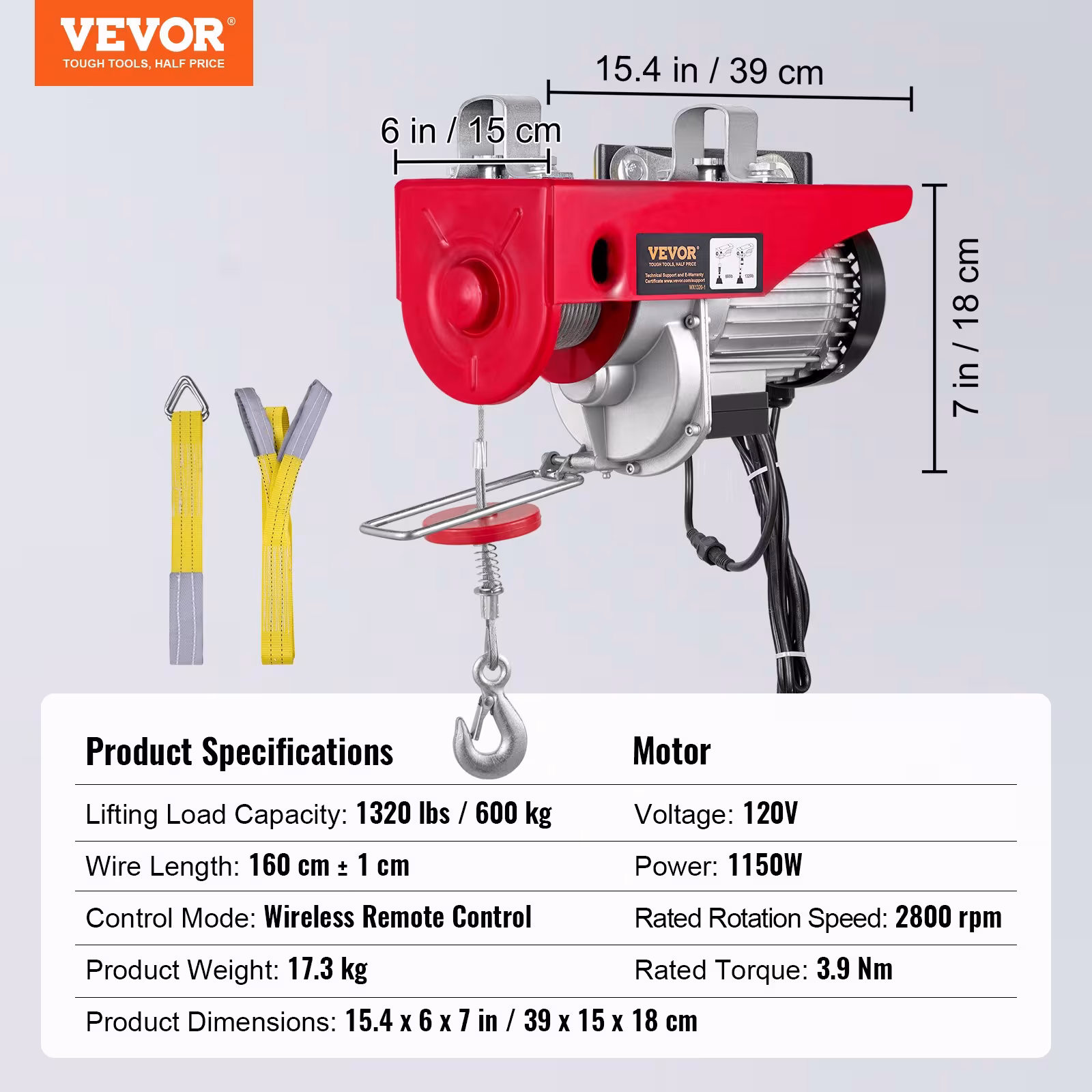 Electric Hoist, 1320 Lbs Lifting Capacity, 1150W 110V Electric Steel Wire Winch With Wireless Remote Control, 40ft Single Cable Lifting height=