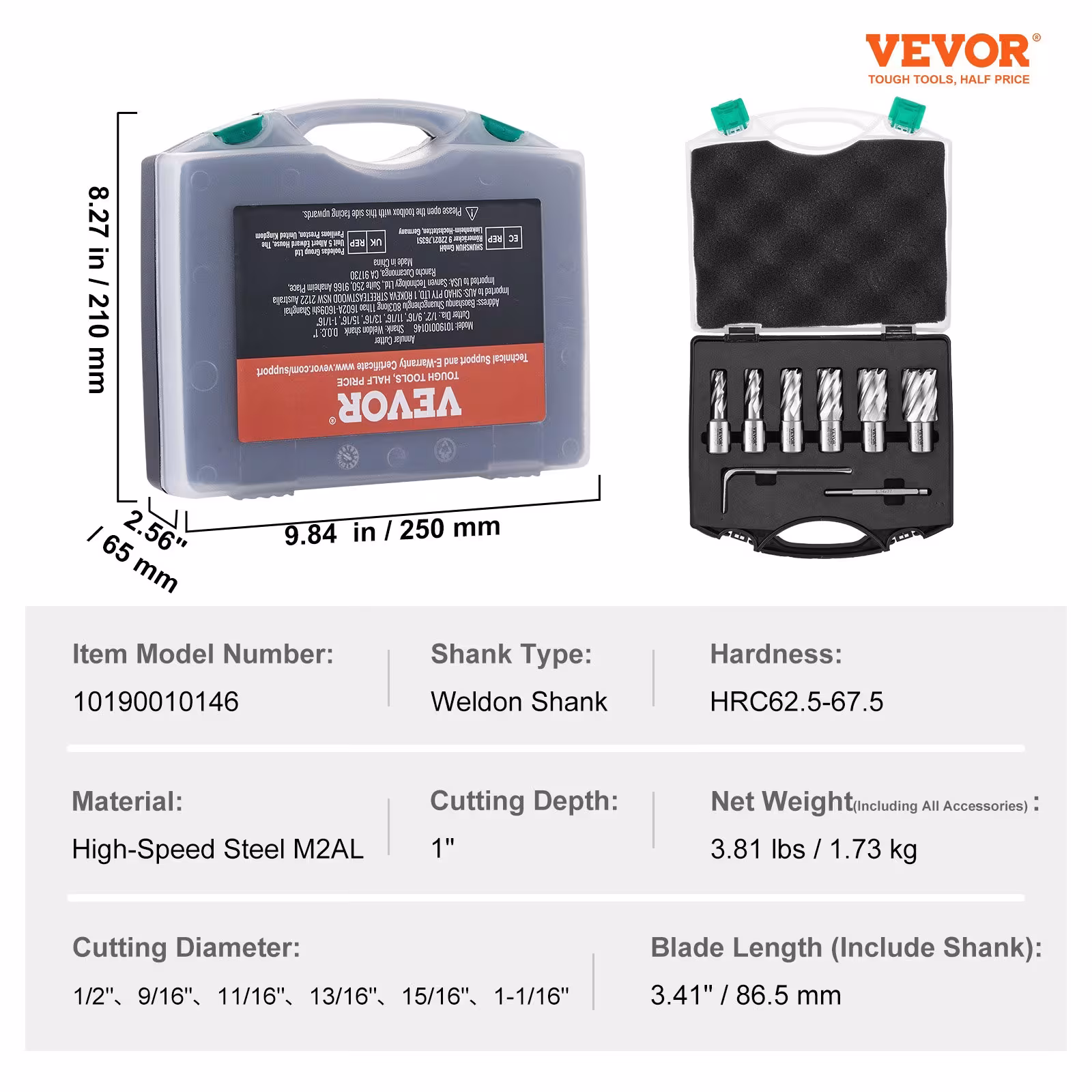 Annular Cutter Set, 6 Pcs Weldon Shank Mag Drill Bits, 1 2 To 1-1 16 Cutting Diameter, 1 Cutting Depth, M2AL High-Speed Steel, With Pilot Pin And Portable Case, For Using With Magnetic Drills