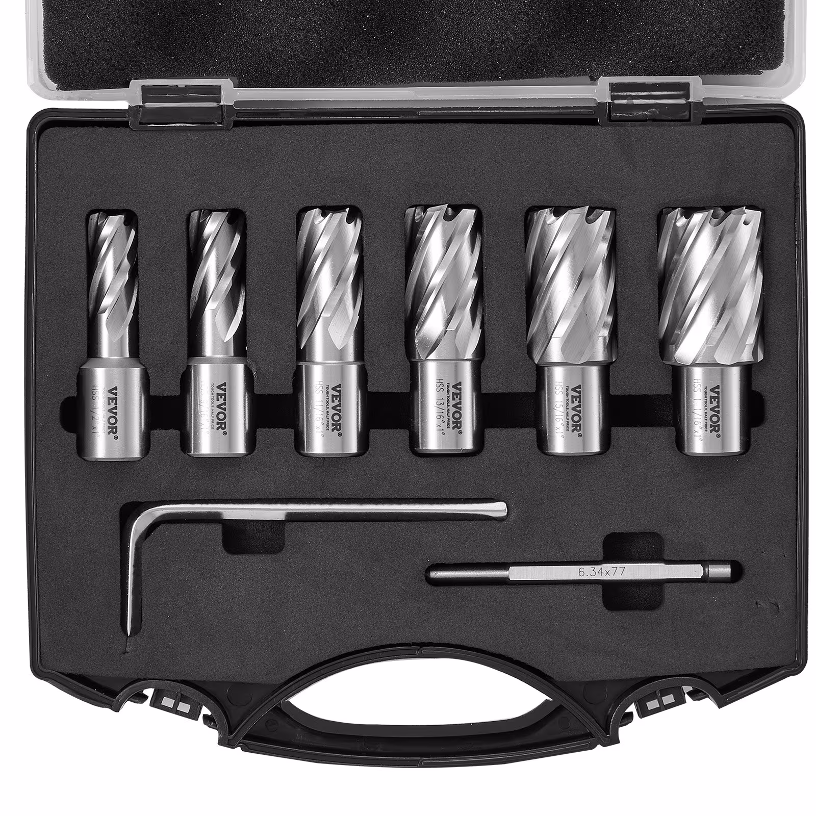 Annular Cutter Set, 6 Pcs Weldon Shank Mag Drill Bits, 1 2 To 1-1 16 Cutting Diameter, 1 Cutting Depth, M2AL High-Speed Steel, With Pilot Pin And Portable Case, For Using With Magnetic Drills