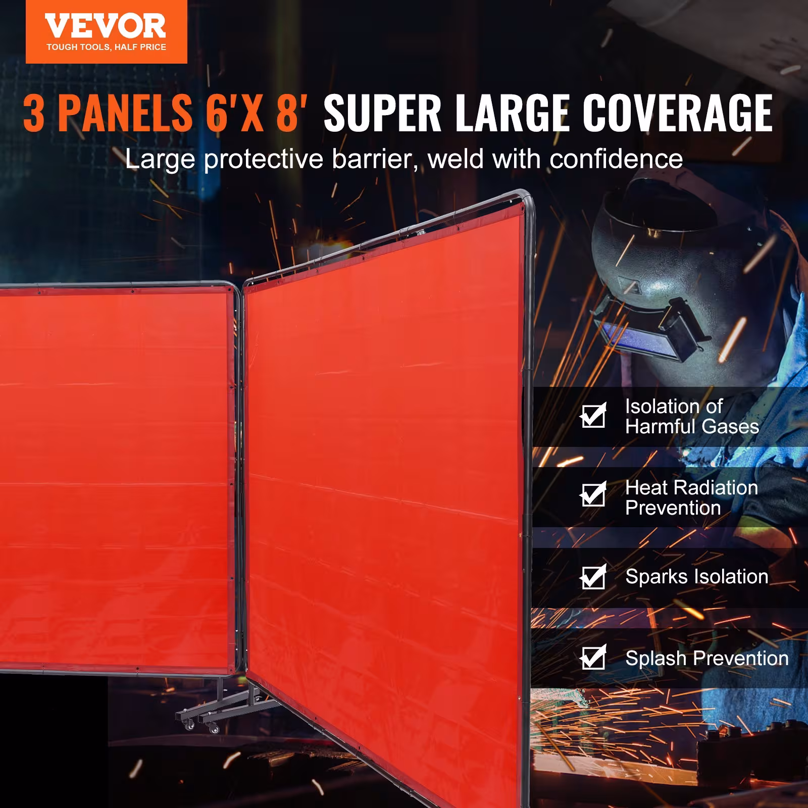 Welding Screen With Frame, 6X 8 3 Panel Welding Curtain Screens, Flame-Resistant Vinyl Welding Protection Screen On 12 Swivel Wheels