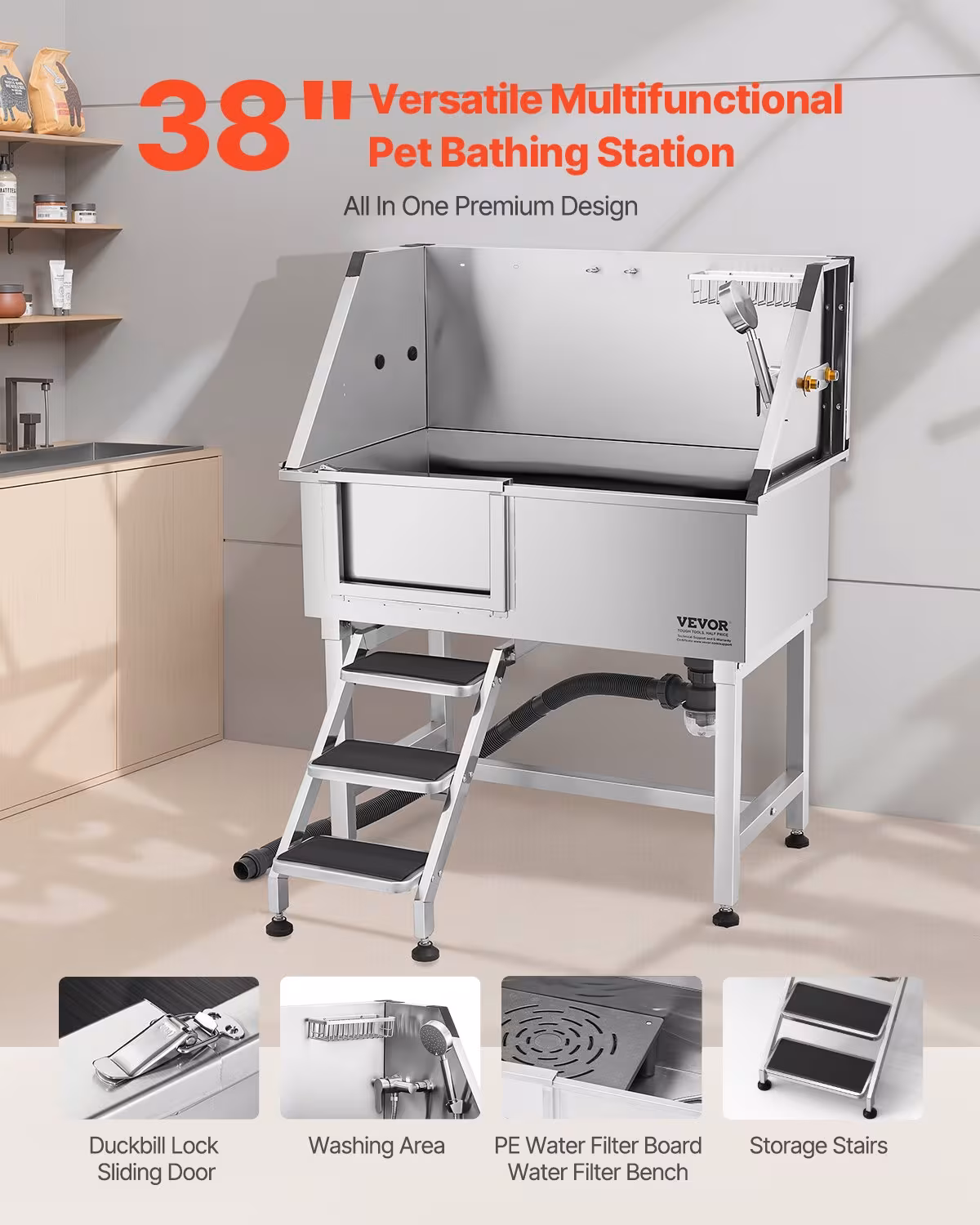 38 Dog Grooming Bath Tub Stainless Steel W Stairs Faucet Left Door