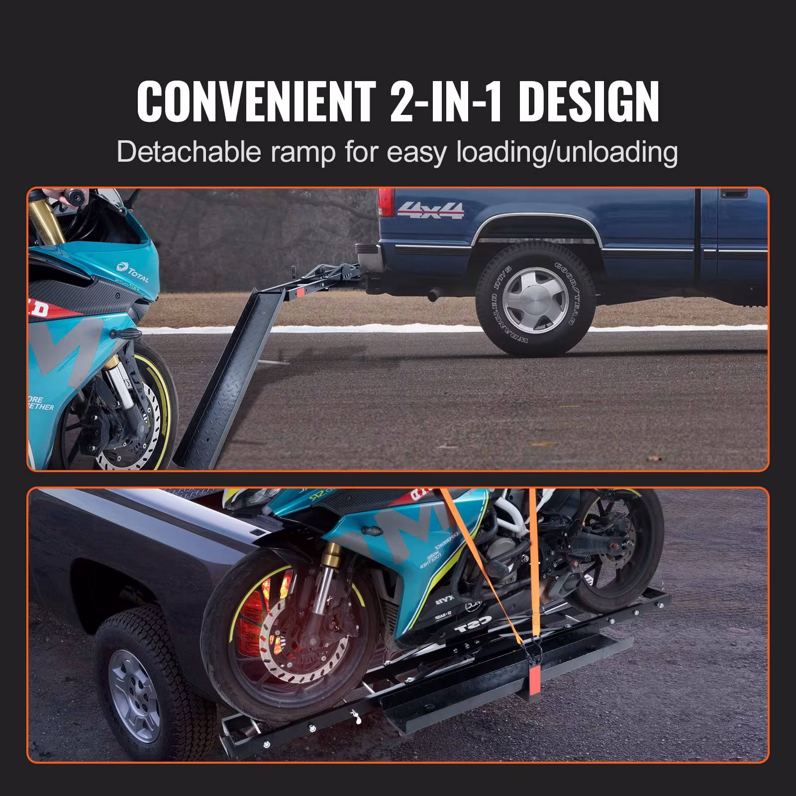 Motorcycle Carrier, 600 LBS Steel Motorcycle Carrier Hitch Mount With Loading Ramp, Scooter Dirt Bike Trailer Hauler With Ratchet Straps And Stabilizer, For Car, Truck With 2 Hitch Receiver