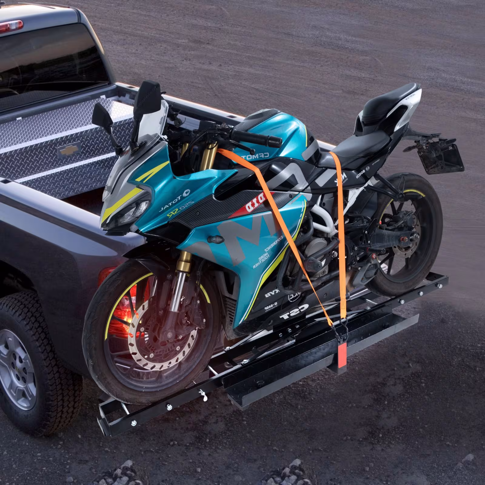 Motorcycle Carrier, 600 LBS Steel Motorcycle Carrier Hitch Mount With Loading Ramp, Scooter Dirt Bike Trailer Hauler With Ratchet Straps And Stabilizer, For Car, Truck With 2 Hitch Receiver