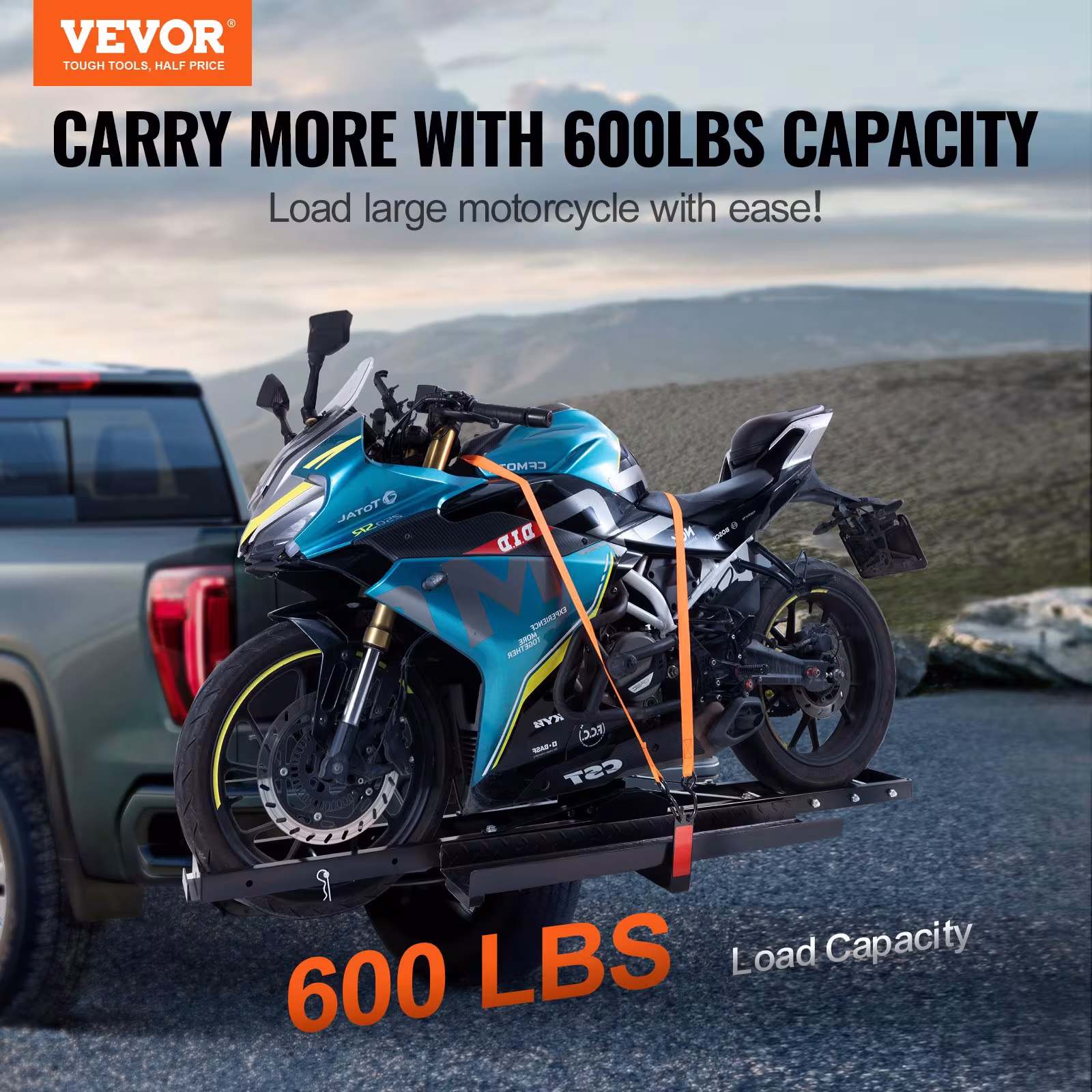 Motorcycle Carrier, 600 LBS Steel Motorcycle Carrier Hitch Mount With Loading Ramp, Scooter Dirt Bike Trailer Hauler With Ratchet Straps And Stabilizer, For Car, Truck With 2 Hitch Receiver