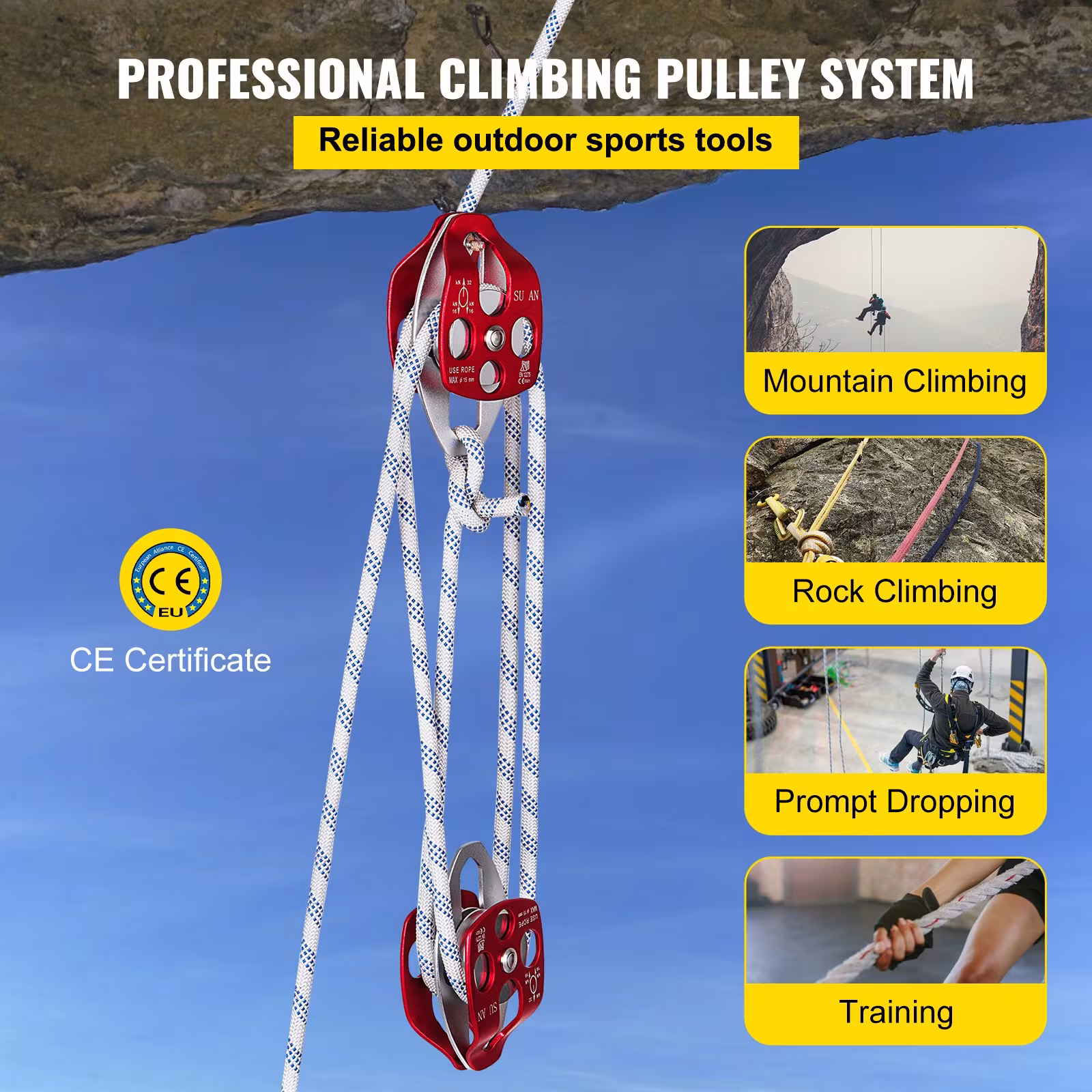 Twin Sheave Block And Tackle 1 2 X 100Ft Twin Sheave Block With Braid Rope 30-35KN 6600-7705LBS Double Pulley Rigging