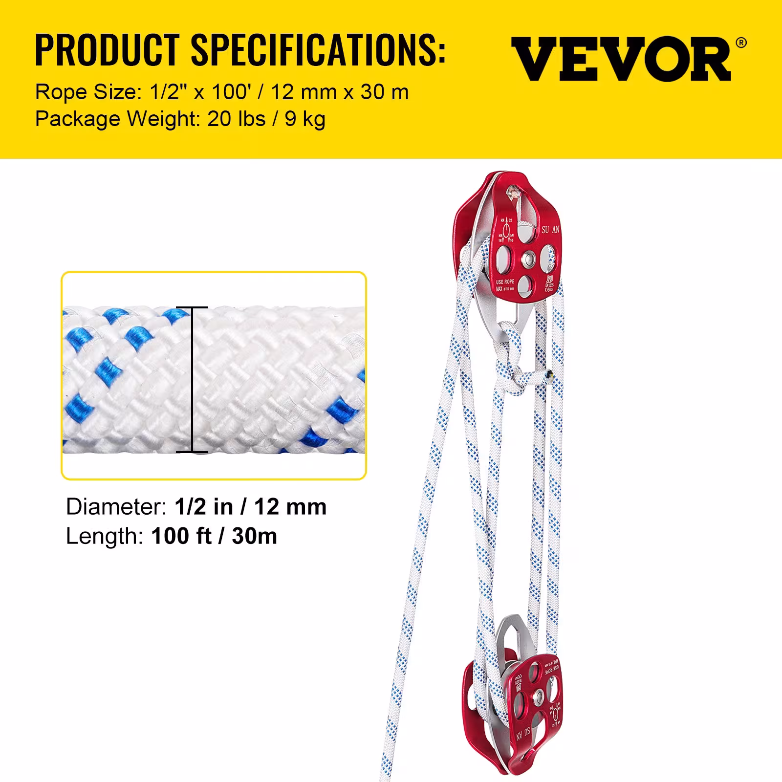 Twin Sheave Block And Tackle 1 2 X 100Ft Twin Sheave Block With Braid Rope 30-35KN 6600-7705LBS Double Pulley Rigging