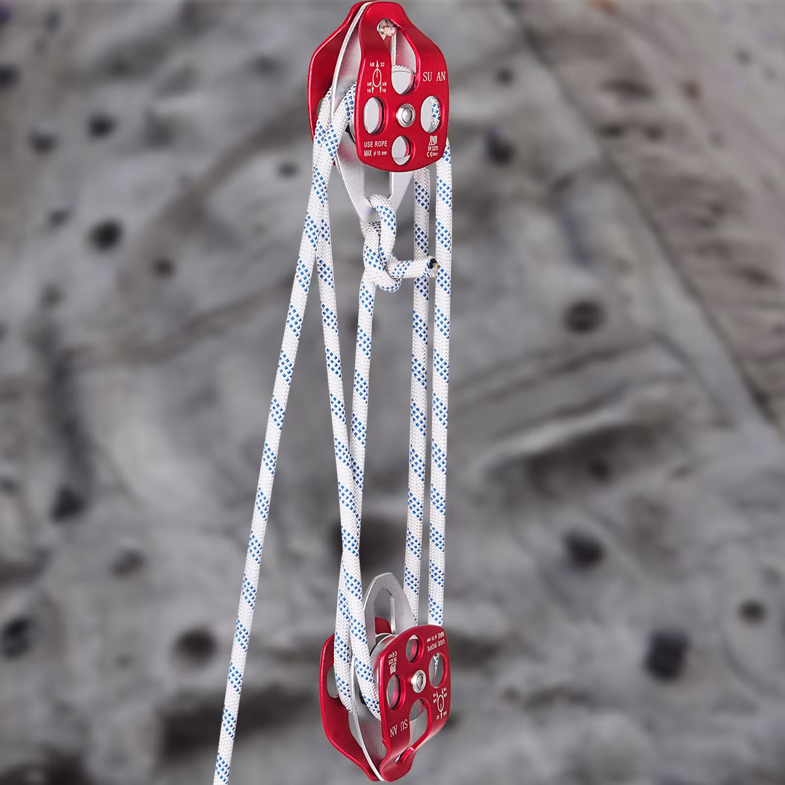 Twin Sheave Block And Tackle 1 2 X 100Ft Twin Sheave Block With Braid Rope 30-35KN 6600-7705LBS Double Pulley Rigging