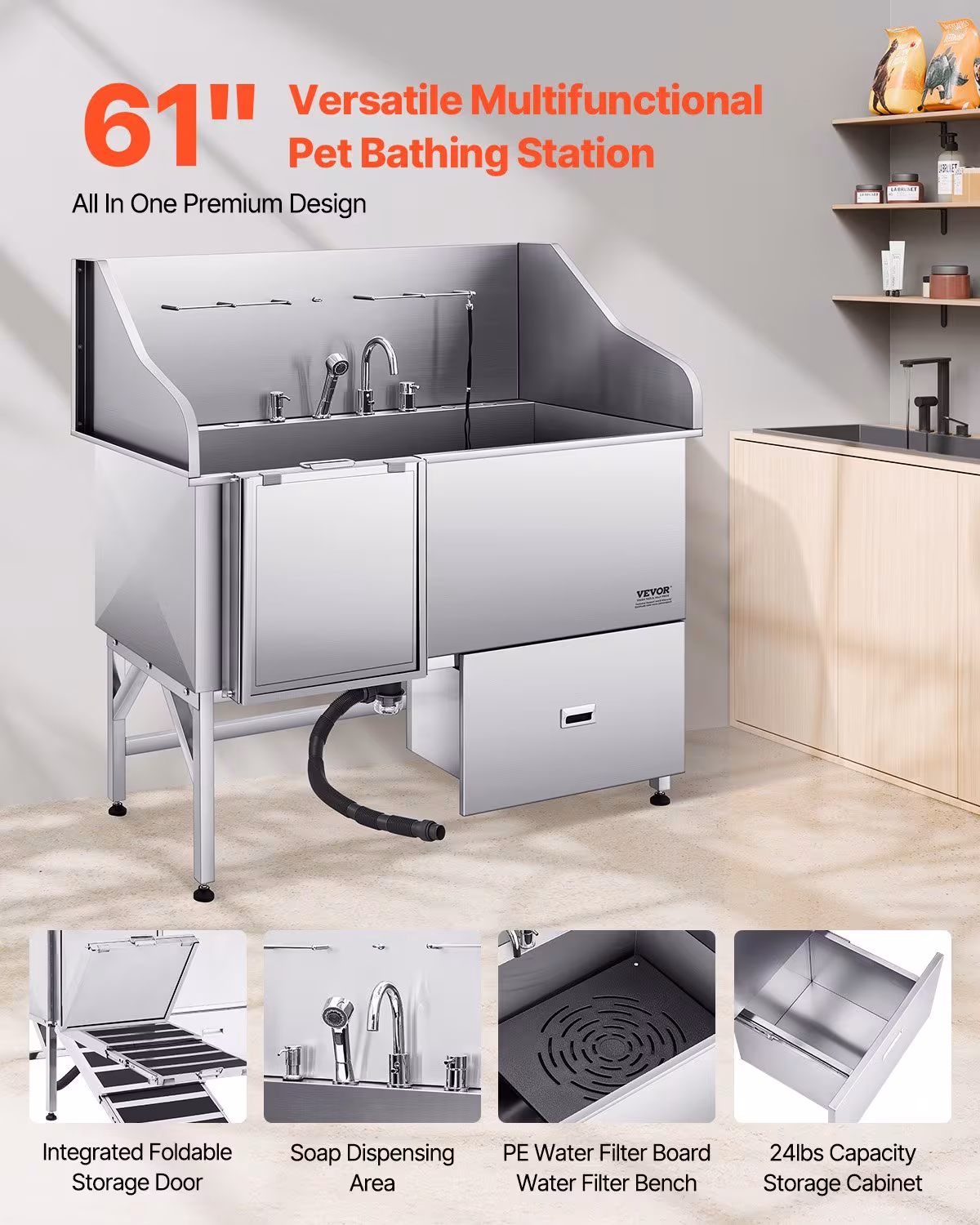 61 Inch Dog Grooming Bath Tub Stainless Steel W Ramp Water Filter Left