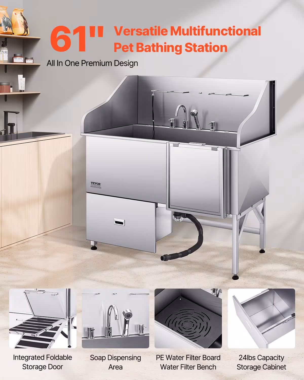 61 Inch Dog Grooming Bath Tub Stainless Steel W Ramp Water Filter