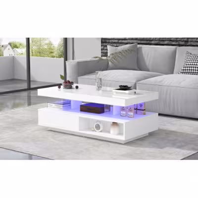 Led Coffee Table With 2 Drawer Storage, High Gloss Coffee Table For Living Room Open Storage Space Centre Table With 16-Color Led Lights,End Table For Home Office Furniture, White