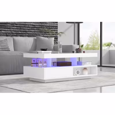 Led Coffee Table With 2 Drawer Storage, High Gloss Coffee Table For Living Room Open Storage Space Centre Table With 16-Color Led Lights,End Table For Home Office Furniture, White