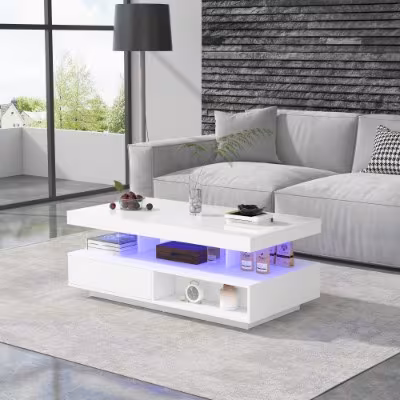Led Coffee Table With 2 Drawer Storage, High Gloss Coffee Table For Living Room Open Storage Space Centre Table With 16-Color Led Lights,End Table For Home Office Furniture, White