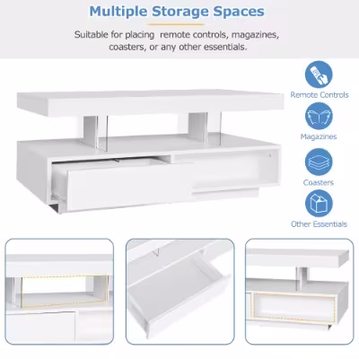 Led Coffee Table With 2 Drawer Storage, High Gloss Coffee Table For Living Room Open Storage Space Centre Table With 16-Color Led Lights,End Table For Home Office Furniture, White