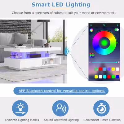 Led Coffee Table With 2 Drawer Storage, High Gloss Coffee Table For Living Room Open Storage Space Centre Table With 16-Color Led Lights,End Table For Home Office Furniture, White