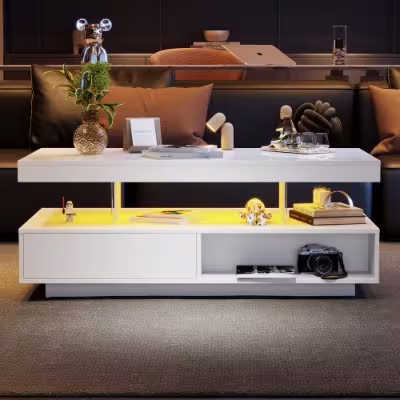 Led Coffee Table With 2 Drawer Storage, High Gloss Coffee Table For Living Room Open Storage Space Centre Table With 16-Color Led Lights,End Table For Home Office Furniture, White