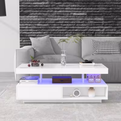 Led Coffee Table With 2 Drawer Storage, High Gloss Coffee Table For Living Room Open Storage Space Centre Table With 16-Color Led Lights,End Table For Home Office Furniture, White
