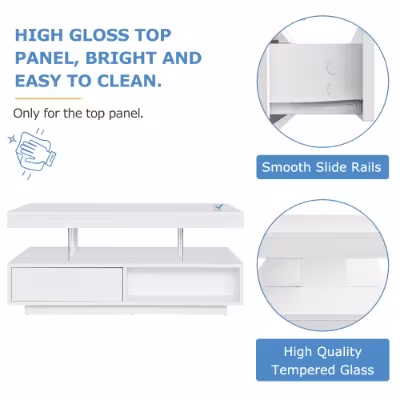 Led Coffee Table With 2 Drawer Storage, High Gloss Coffee Table For Living Room Open Storage Space Centre Table With 16-Color Led Lights,End Table For Home Office Furniture, White
