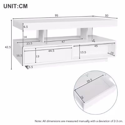 Led Coffee Table With 2 Drawer Storage, High Gloss Coffee Table For Living Room Open Storage Space Centre Table With 16-Color Led Lights,End Table For Home Office Furniture, White
