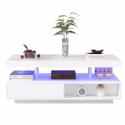Led Coffee Table With 2 Drawer Storage, High Gloss Coffee Table For Living Room Open Storage Space Centre Table With 16-Color Led Lights,End Table For Home Office Furniture, White