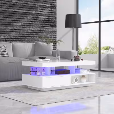Led Coffee Table With 2 Drawer Storage, High Gloss Coffee Table For Living Room Open Storage Space Centre Table With 16-Color Led Lights,End Table For Home Office Furniture, White