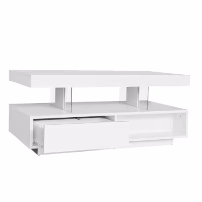 Led Coffee Table With 2 Drawer Storage, High Gloss Coffee Table For Living Room Open Storage Space Centre Table With 16-Color Led Lights,End Table For Home Office Furniture, White