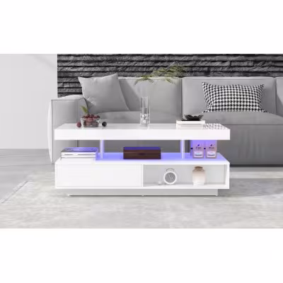 Led Coffee Table With 2 Drawer Storage, High Gloss Coffee Table For Living Room Open Storage Space Centre Table With 16-Color Led Lights,End Table For Home Office Furniture, White