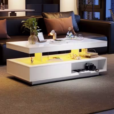 Led Coffee Table With 2 Drawer Storage, High Gloss Coffee Table For Living Room Open Storage Space Centre Table With 16-Color Led Lights,End Table For Home Office Furniture, White