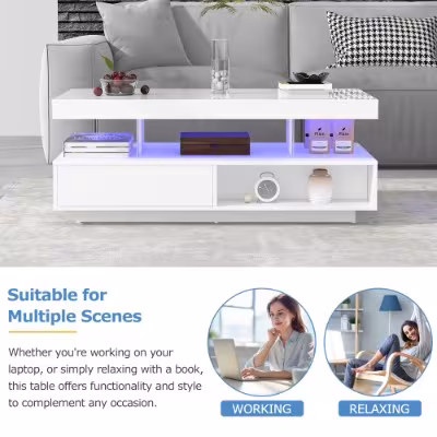 Led Coffee Table With 2 Drawer Storage, High Gloss Coffee Table For Living Room Open Storage Space Centre Table With 16-Color Led Lights,End Table For Home Office Furniture, White