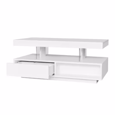 Led Coffee Table With 2 Drawer Storage, High Gloss Coffee Table For Living Room Open Storage Space Centre Table With 16-Color Led Lights,End Table For Home Office Furniture, White
