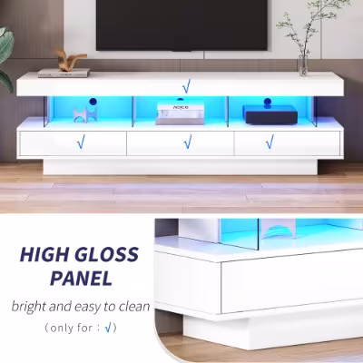 TV Stand Cabinet High Gloss TV Stand Unit With LED Lights 160CM, 3 Drawers, 3 Open Storage Space, For Bedroom Living Room Home Furniture