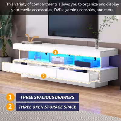 TV Stand Cabinet High Gloss TV Stand Unit With LED Lights 160CM, 3 Drawers, 3 Open Storage Space, For Bedroom Living Room Home Furniture