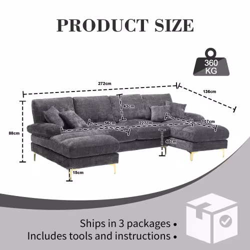 GOMYWAY Sectional Couches For Living Room Modular Sofa With Double Chaise U- Shaped Sofa Set With Chenille Fabric For Home Furniture