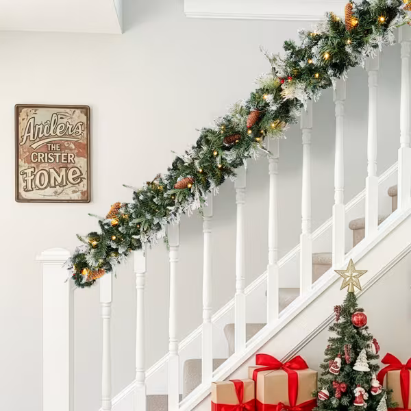 2 Pack 9FT Pre-lit Snow Flocked Christmas Garland, Lighted Artificial Xmas Garland With 200 Warm Lights And 440 Tips And Red Berries, For Front Door Gate Wall Xmas Party Decorations, Snowy Green
