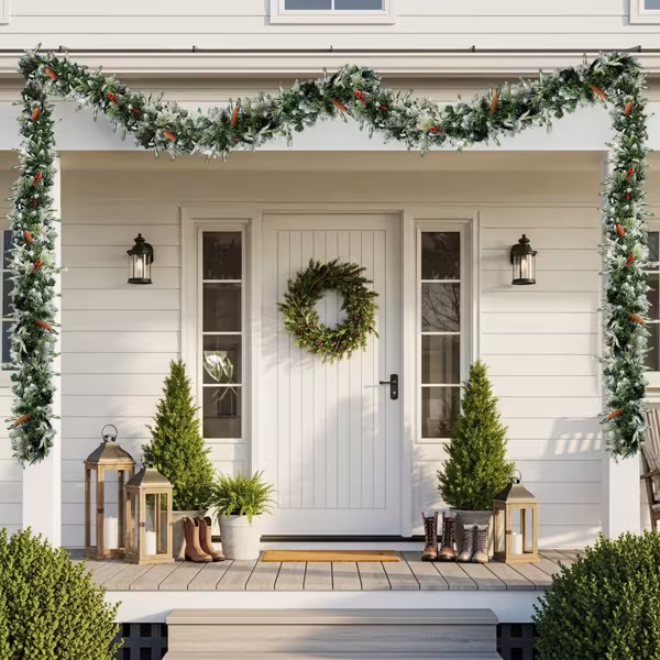 2 Pack 9FT Pre-lit Snow Flocked Christmas Garland, Lighted Artificial Xmas Garland With 200 Warm Lights And 440 Tips And Red Berries, For Front Door Gate Wall Xmas Party Decorations, Snowy Green