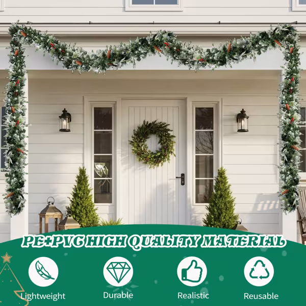 2 Pack 9FT Pre-lit Snow Flocked Christmas Garland, Lighted Artificial Xmas Garland With 200 Warm Lights And 440 Tips And Red Berries, For Front Door Gate Wall Xmas Party Decorations, Snowy Green