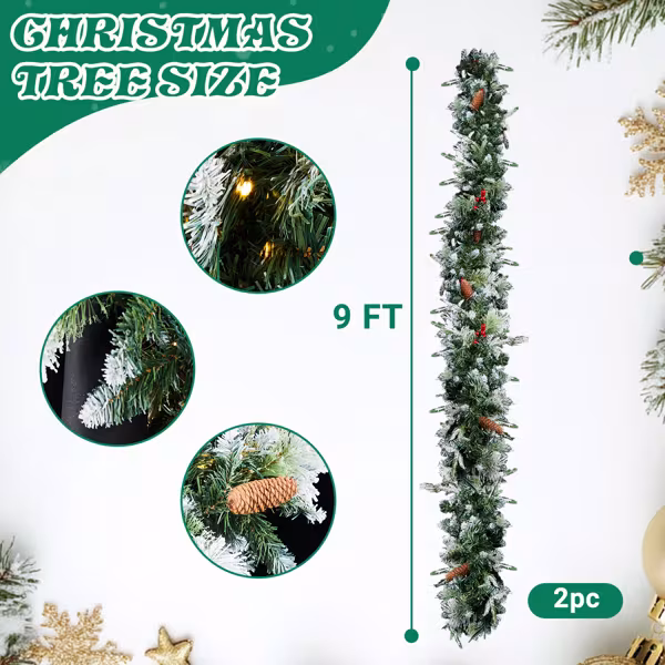 2 Pack 9FT Pre-lit Snow Flocked Christmas Garland, Lighted Artificial Xmas Garland With 200 Warm Lights And 440 Tips And Red Berries, For Front Door Gate Wall Xmas Party Decorations, Snowy Green