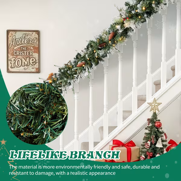 2 Pack 9FT Pre-lit Snow Flocked Christmas Garland, Lighted Artificial Xmas Garland With 200 Warm Lights And 440 Tips And Red Berries, For Front Door Gate Wall Xmas Party Decorations, Snowy Green