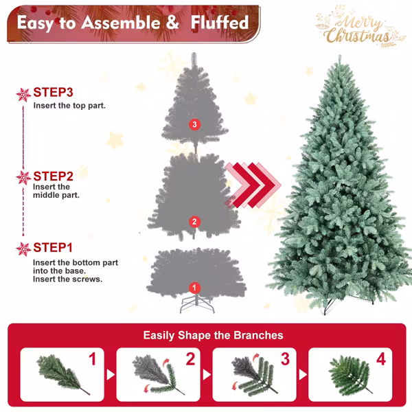 Artificial 6ft Blue Green Tint Christmas Tree With 1390 PE PVC Mixed Branch Tips, Memory Wire Iron Wire, Hinged Premium & Foldable Base For Indoor Holiday Decorating
