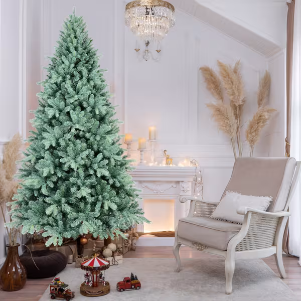 Artificial 6ft Blue Green Tint Christmas Tree With 1390 PE PVC Mixed Branch Tips, Memory Wire Iron Wire, Hinged Premium & Foldable Base For Indoor Holiday Decorating