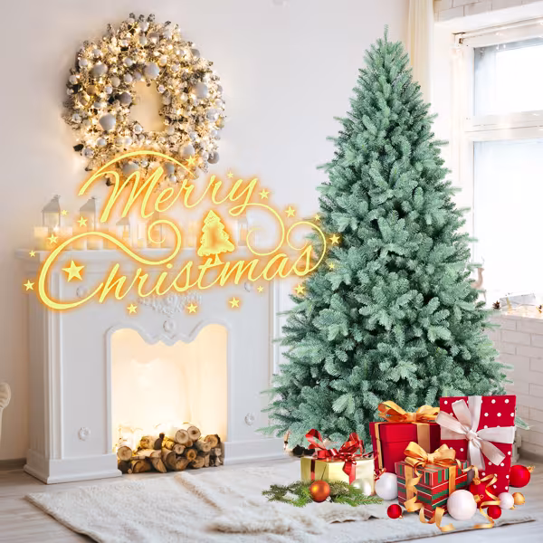 Artificial 6ft Blue Green Tint Christmas Tree With 1390 PE PVC Mixed Branch Tips, Memory Wire Iron Wire, Hinged Premium & Foldable Base For Indoor Holiday Decorating