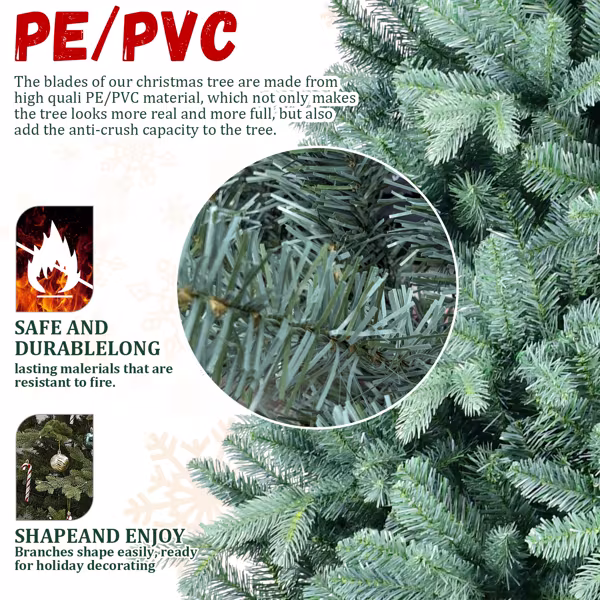Artificial 6ft Blue Green Tint Christmas Tree With 1390 PE PVC Mixed Branch Tips, Memory Wire Iron Wire, Hinged Premium & Foldable Base For Indoor Holiday Decorating